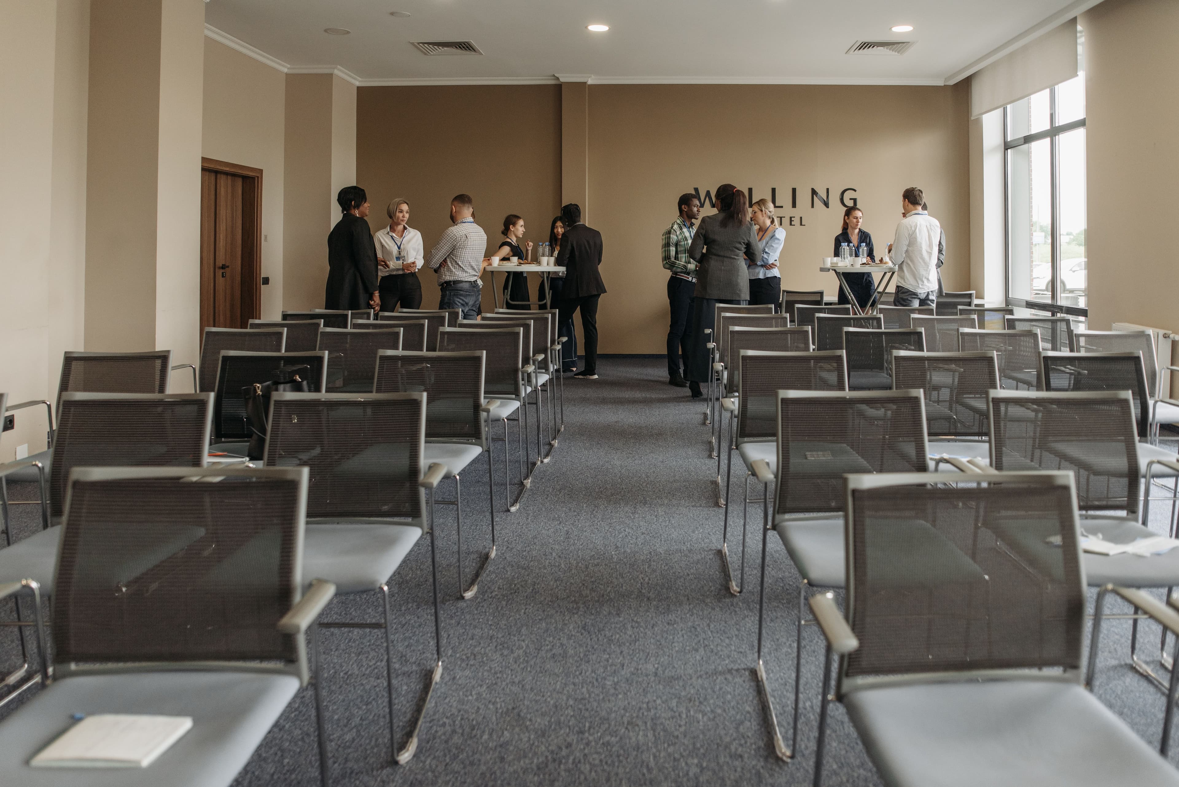 Rows of chairs arranged for scheduled interview and assessment sessions